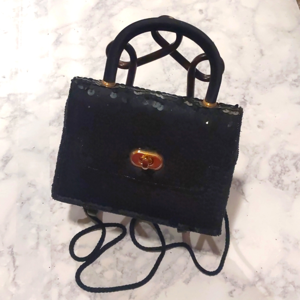 Vintage Black Handmade Carla Marchi Woman's Sequin Crossbody Evening Purse